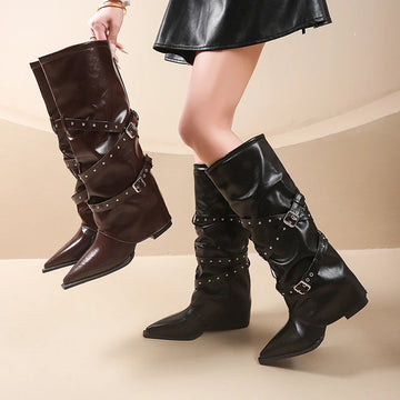 Xajzpa Designer Women's Boots Spring Cosy Pointed Toe Woman Shoes  Fashion Sexy Knee-High Boots for Women Belt Buckle Thick Heel Boots